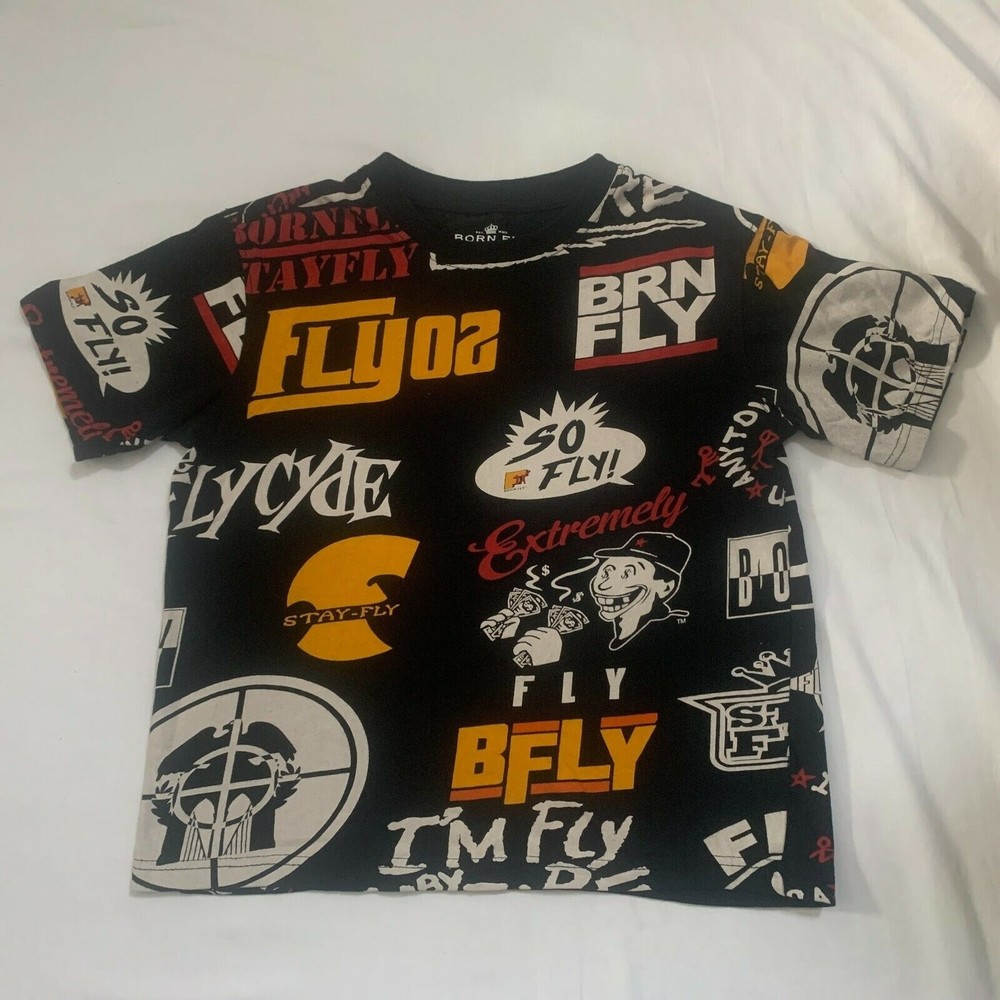 Born Fly Youth Kids T-Shirt Tee Short Sleeve Black Yellow Red size M (10-12)